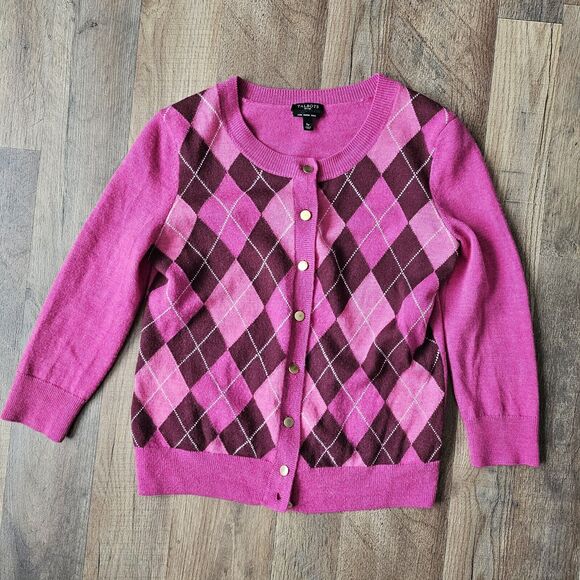 Talbots Pink Argyle Merino Wool Cardigan Sweater Small Petite Excellent - Picture 1 of 7